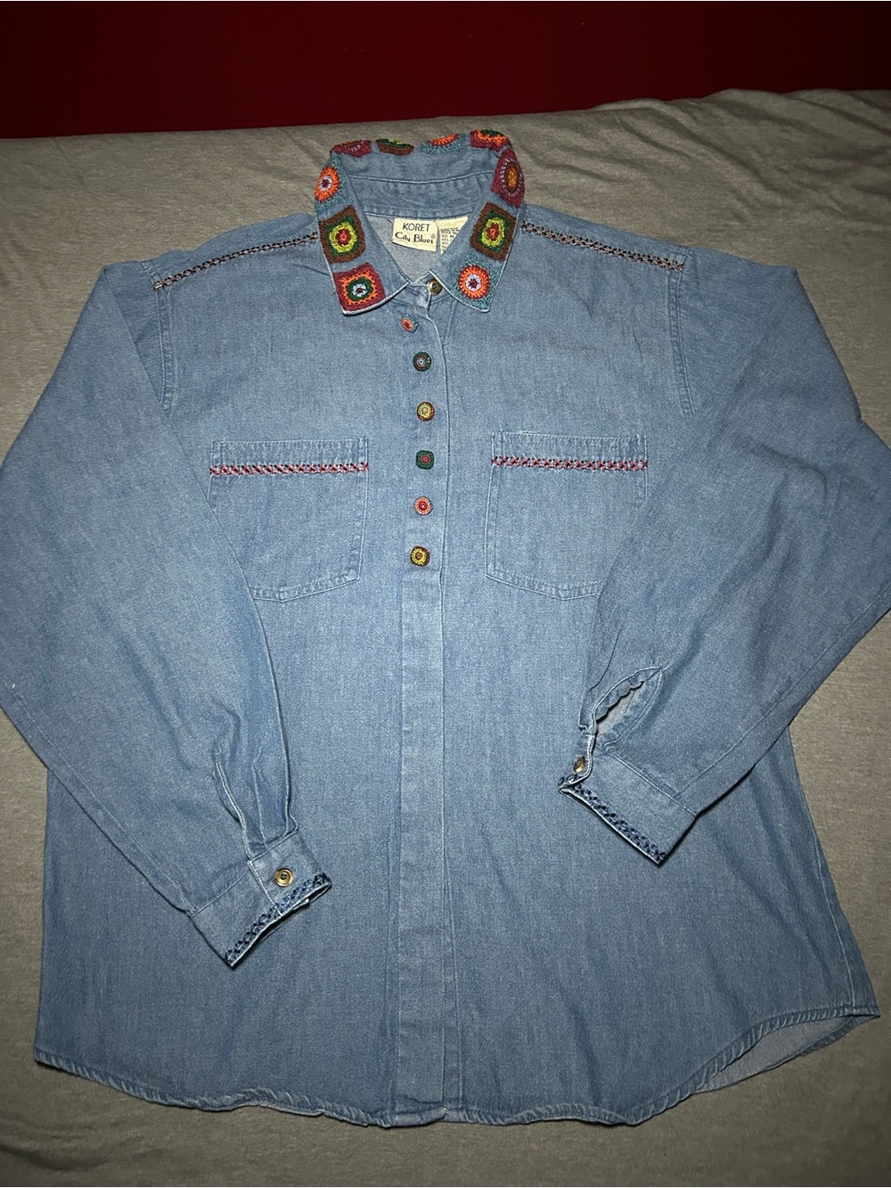 Koret Light Blue Denim Shirt with Multicolor Floral Embroidered Collar